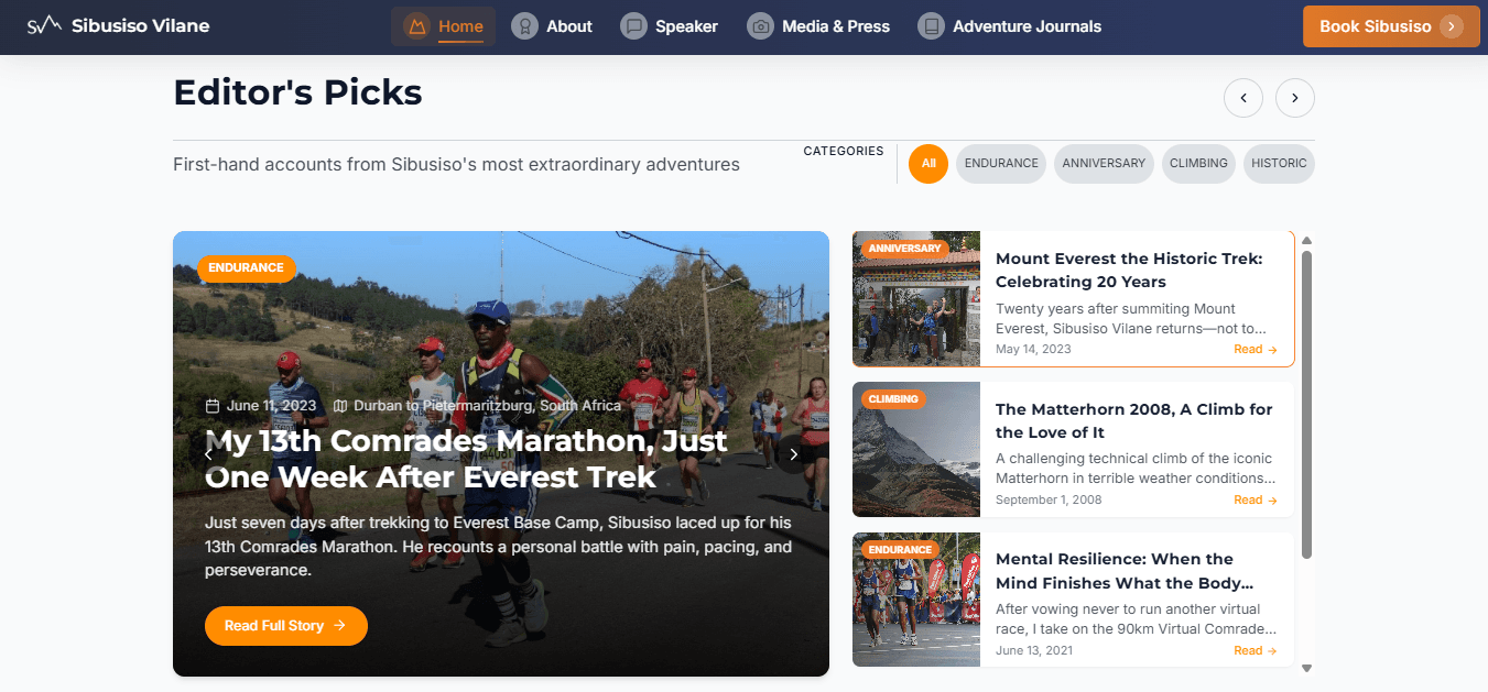 Sibusiso website after redesign - contact